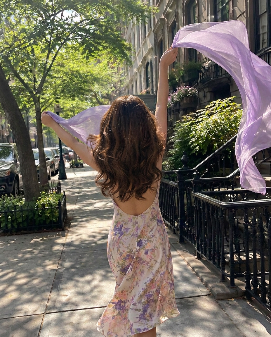 A woman twirling with a flowing lavender scarf on a sunny city street, wearing a vintage floral dress